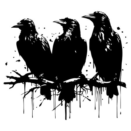 This striking image features three silhouette ravens perched on a branch, embodying a sense of mystery and elegance against a grunge backdrop. The artwork captures dark themes often associated with nature.のイラスト素材