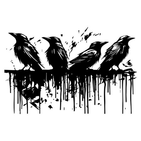 Artistic illustration of silhouetted crows perched on a branch, surrounded by ink splatter, perfect for creative projects, dark themes, and wildlife imagery.のイラスト素材