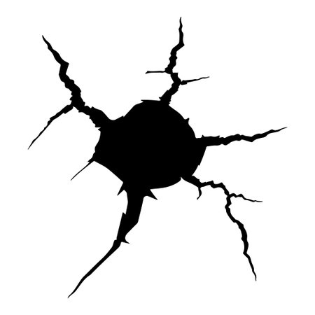 This striking black cracked wall texture features irregular edges and a central impact point, perfect for backgrounds, illustrations, or design projects requiring a bold visual element.のイラスト素材