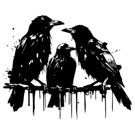 This artistic illustration features three crows perched on a branch, rendered in a striking black ink style. A unique design perfect for a variety of creative projects.のイラスト素材