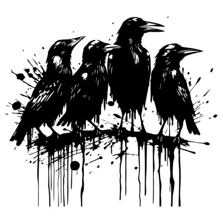 A striking monochrome illustration featuring four birds perched on a branch, enhanced by dramatic ink splash effects to create a bold artistic statement.のイラスト素材