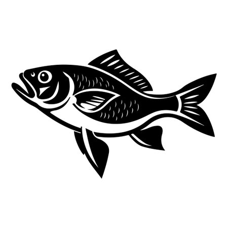 This stylized black and white illustration depicts a freshwater fish in profile view, showcasing its distinct features and elegant shape, perfect for nature-themed projects.のイラスト素材