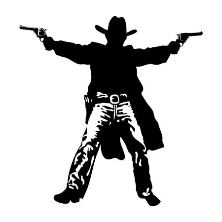 A striking silhouette of a cowboy holding two guns drawn, embodying the essence of the Wild West. Perfect for themes of adventure and drama.のイラスト素材
