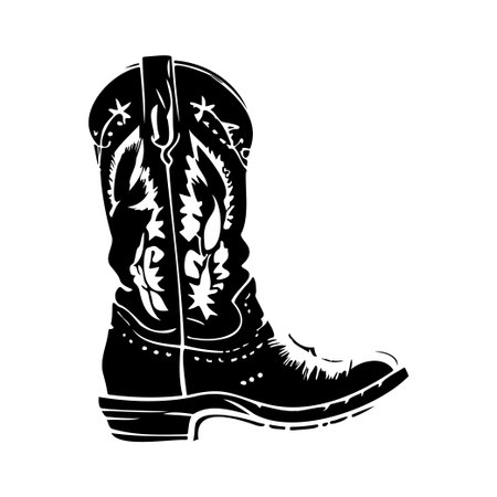 This striking silhouette features a classic western cowboy boot, showcasing intricate designs and a stylish flair ideal for various creative projects.のイラスト素材
