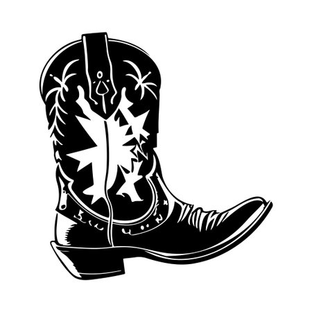 This stylish black and white illustration features a detailed cowboy boot design, showcasing rustic charm and modern elegance, perfect for various creative projects.のイラスト素材