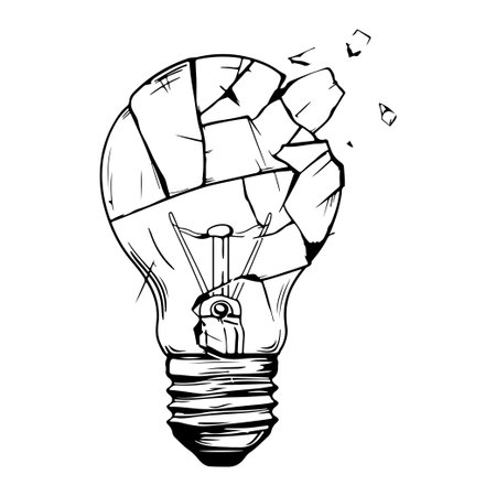 Artistic sketch of a broken light bulb symbolizing challenges in creativity and innovation. Ideal for representing ideas, problem-solving, and inspiration themes.のイラスト素材