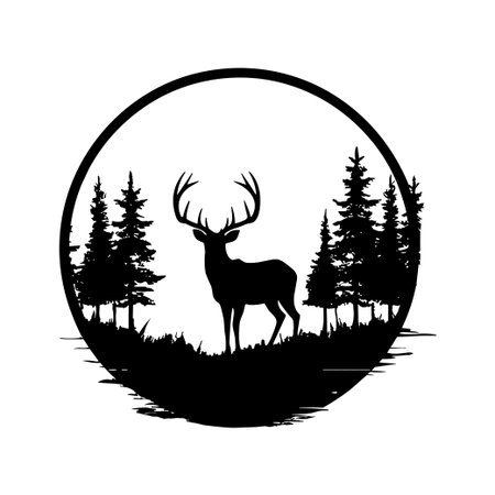 A striking illustration featuring a majestic deer silhouette against a backdrop of tall trees and a rising sun, symbolizing tranquility and the beauty of nature.のイラスト素材