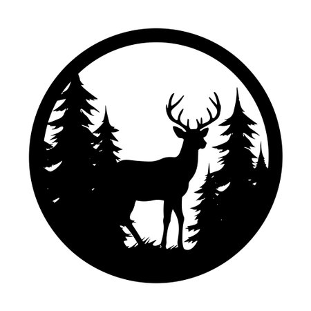 This artistic silhouette features a majestic deer standing gracefully among tall trees, framed in a circular design, ideal for nature themes and wildlife graphics.のイラスト素材