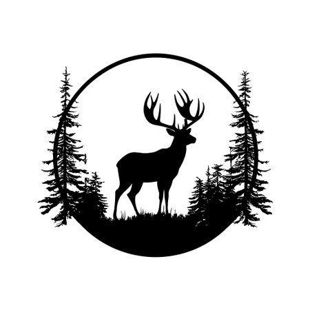 Elegant silhouette of a deer set against tall trees within a circular frame, ideal for nature-inspired themes and artistic projects.のイラスト素材