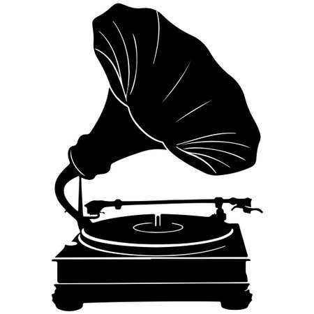A detailed silhouette of a vintage gramophone, perfect for music lovers and retro design enthusiasts. Ideal for decor or artistic projects.のイラスト素材