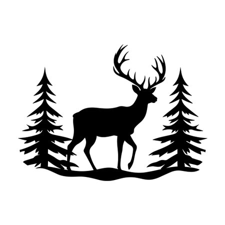 This artwork features a stunning silhouette of a deer standing gracefully among tall pine trees, creating a serene landscape scene that captures the beauty of nature.のイラスト素材