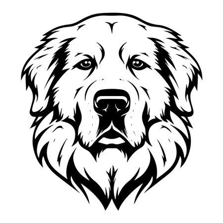 This artwork features a detailed line art illustration of a dog's head, showcasing expressive eyes and thick fur. Perfect for pet lovers.のイラスト素材