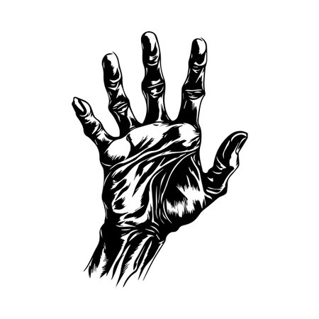 This striking black and white illustration features a detailed outstretched hand, showcasing dramatic lines and textures, perfect for various creative projects.のイラスト素材