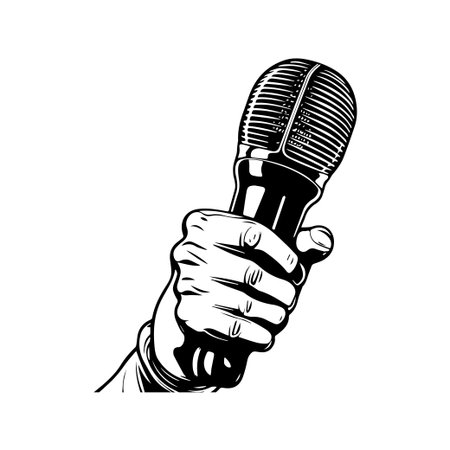 Traditional black and white illustration of a hand gripping a classic microphone, symbolizing music, performance, and communication in art.のイラスト素材