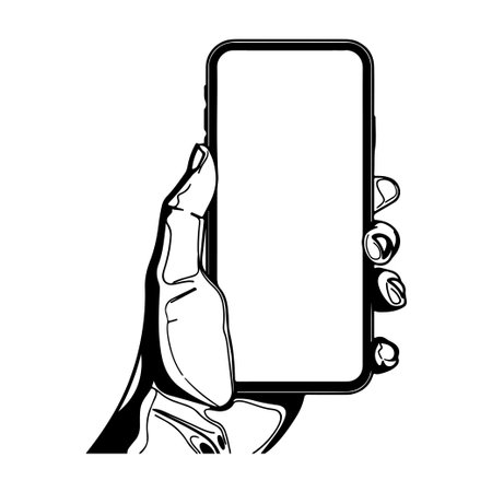 A hand elegantly holds a smartphone with a blank screen, ideal for showcasing app designs, marketing visuals, or technology concepts.のイラスト素材