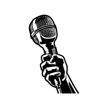 This black and white illustration features a hand gripping a retro microphone, symbolizing passion for music and artistic expression. Perfect for creative projects.のイラスト素材