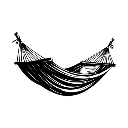 This black and white illustration of a hammock depicts a serene space designed for relaxation and leisure. The artwork highlights comfort and tranquility.のイラスト素材