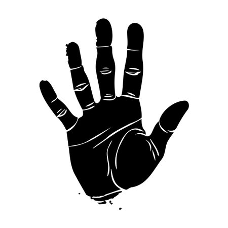 This striking black silhouette of a human hand features detailed fingers and an artistic outline, perfect for various creative projects.のイラスト素材