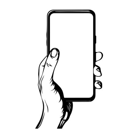 A detailed black and white illustration of a hand holding a blank smartphone, perfect for technology concepts in communications and lifestyle designs.のイラスト素材