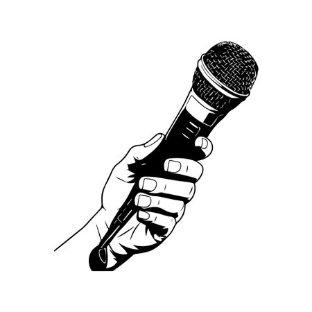 A detailed illustration of a hand holding a microphone, perfect for representing music, events, or public speaking scenarios, evoking creativity and expression.のイラスト素材