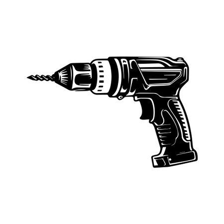 This black and white illustration depicts an electric drill with a spiral bit, ideal for construction and DIY projects. Perfect for creative use.のイラスト素材