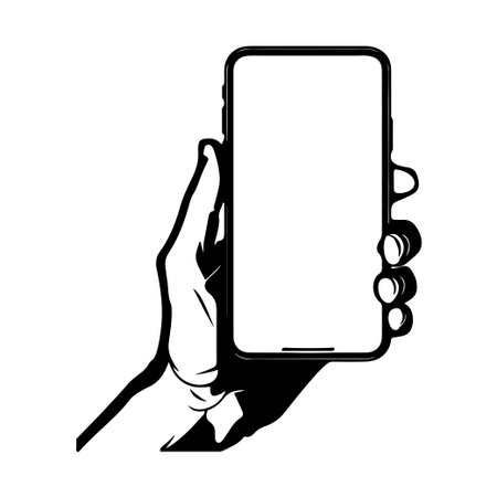 A detailed illustration of a hand holding a smartphone with a blank screen. This modern art piece emphasizes the role of technology in daily life.のイラスト素材