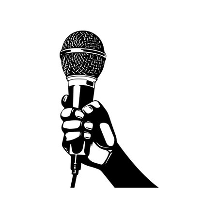 Bold black and white illustration of a hand holding a microphone, representing music and performance themes suitable for various creative projects.のイラスト素材