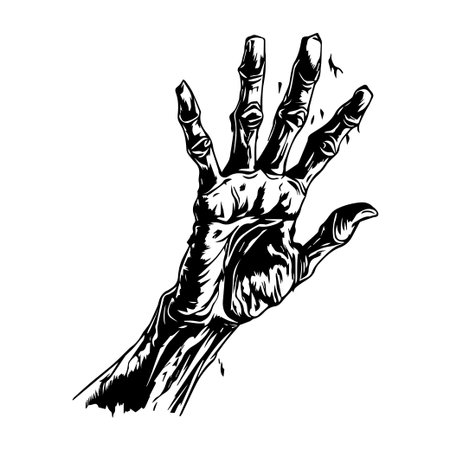 A haunting black and white illustration of a skeletal hand reaching out, evoking fear and intrigue. Ideal for horror themes, designs, and projects.のイラスト素材