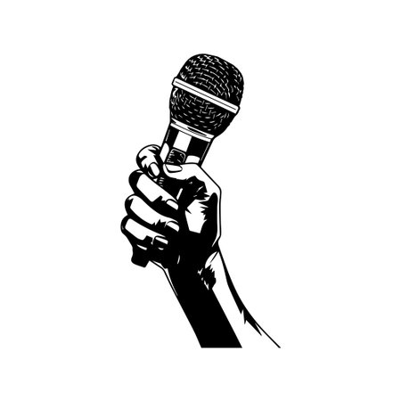 This striking black and white illustration features a hand grasping a microphone, symbolizing power and expression in performance art.のイラスト素材