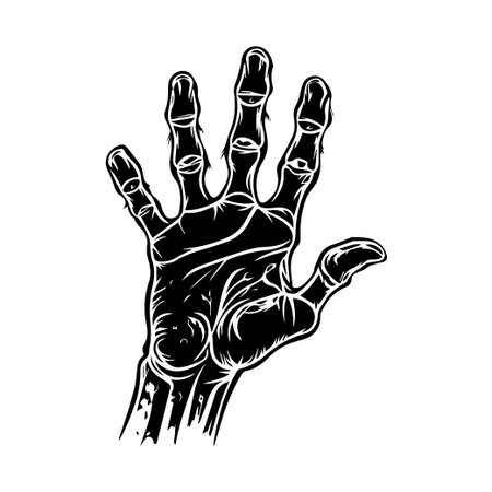 A captivating black and white illustration of a reaching hand, showcasing dramatic shadows and intricate finger details, perfect for artistic designs.のイラスト素材