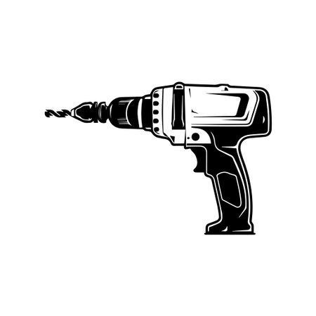 This image features a detailed electric drill tool designed for various drilling tasks. The drill has an ergonomic handle and a metal drill bit, showcasing a versatile tool ideal for construction and home improvement projects.のイラスト素材