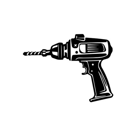 This black and white illustration features a handheld electric drill, ideal for construction and renovation projects. Perfect for DIY enthusiasts and professionals alike.のイラスト素材