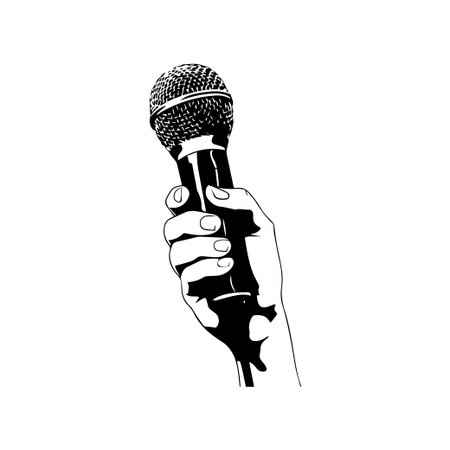 A striking black and white illustration of a hand holding a microphone, symbolizing communication, performance, and artistic expression. Perfect for various themes.のイラスト素材