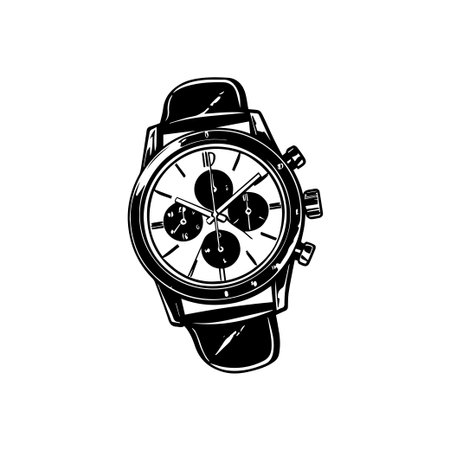 This artistic representation showcases a stylish black and white chronograph watch. Featuring a classic leather strap and modern design, this timepiece embodies elegance and sophistication, perfect for fashion lovers.のイラスト素材
