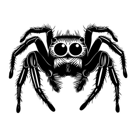 This striking black and white illustration features a spider with prominent eyes and textured body, perfect for educational materials or nature-themed designs.のイラスト素材