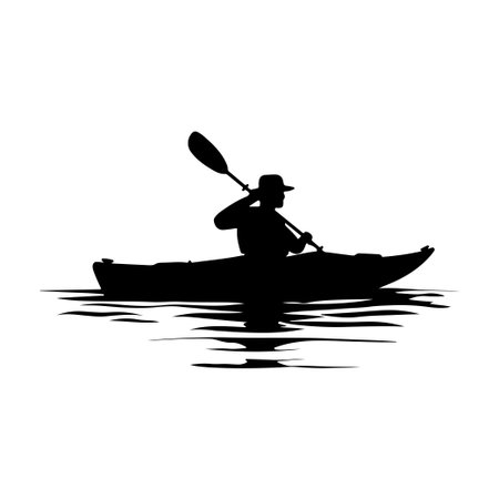 This image features a silhouetted kayaker paddling through calm waters, embodying themes of adventure and tranquility in nature. Perfect for outdoor projects.のイラスト素材