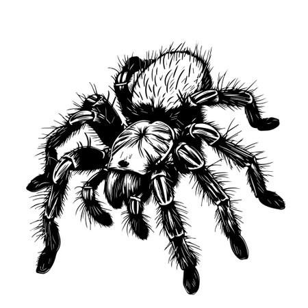 This striking black and white illustration showcases a detailed spider with intricate textures and features. Perfect for art, design, and nature enthusiasts.のイラスト素材