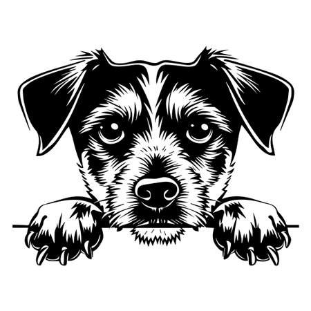 A whimsical illustration of a playful dog peering over a fence. This artwork captures the charm and curiosity of pets, ideal for animal-themed projects.のイラスト素材