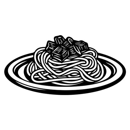 An artistic black and white illustration of a delicious plate of spaghetti topped with meat cubes. Ideal for culinary, restaurant, and food-related themes.のイラスト素材