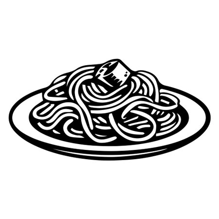 This bold black and white illustration showcases a delicious plate of spaghetti topped with a unique square piece of cheese, perfect for food enthusiasts.のイラスト素材