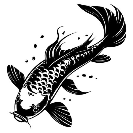 This black and white illustration captures the elegance of a koi fish swimming through water, complete with bubbles and flowing fins, ideal for creative projects.のイラスト素材