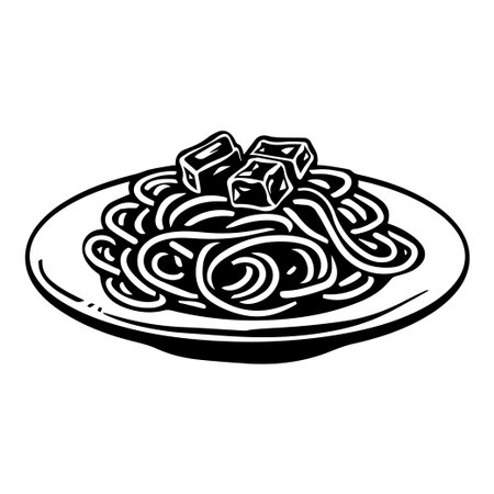 This hand-drawn illustration features a plate of spaghetti topped with cheese cubes, showcasing a minimalist approach to food art ideal for culinary projects.のイラスト素材