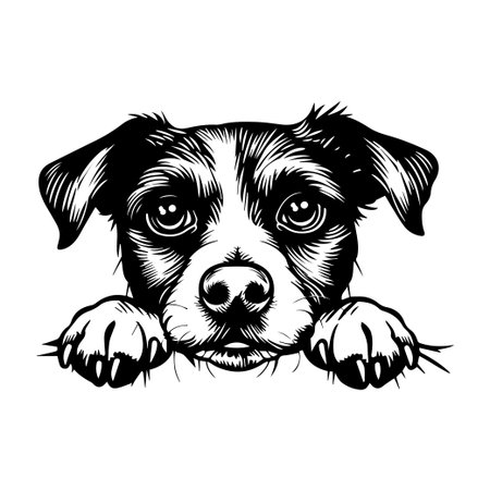 This charming black and white illustration features a dog with large, expressive eyes resting its chin on a surface, capturing an endearing personality and emotion.のイラスト素材