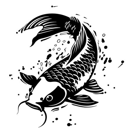 This artistic illustration features a koi fish in elegant black and white, showcasing fluid motion and intricate details. Perfect for decorative uses and prints.のイラスト素材