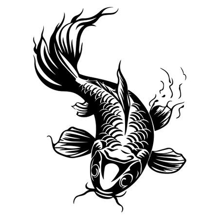 This stunning black and white illustration depicts a koi fish swimming elegantly, showcasing intricate details in its fins and scales, ideal for artistic projects.のイラスト素材
