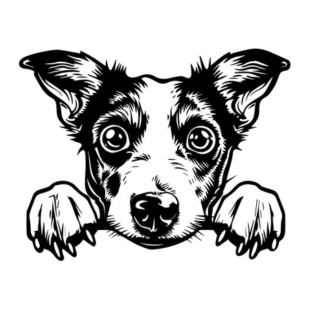 This black and white illustration features a detailed dog's face with expressive eyes, showcasing a playful and eager demeanor. Ideal for animal lovers.のイラスト素材