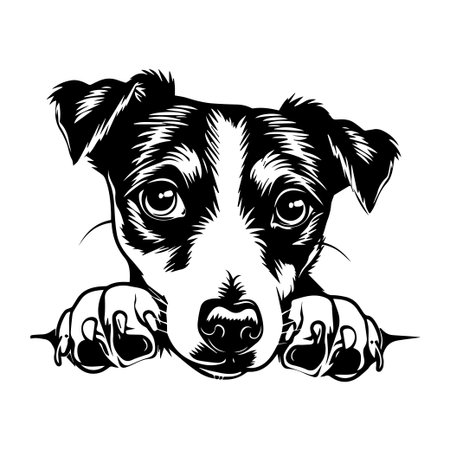 An enchanting black and white illustration of a dog peering curiously with its head resting on its paws, perfect for any pet-related artwork or design project.のイラスト素材