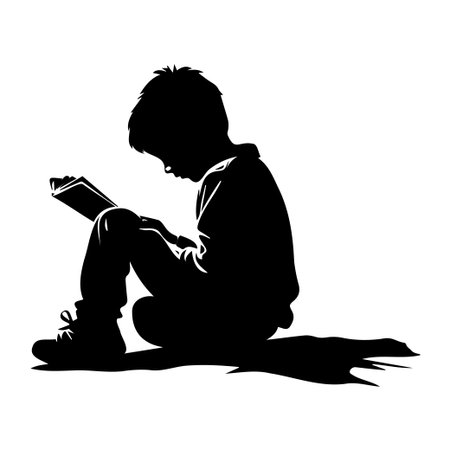 This captivating silhouette showcases a young boy deeply immersed in reading a book, symbolizing the joy of childhood literacy and exploration of knowledge.のイラスト素材