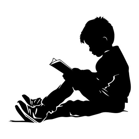 A captivating silhouette of a young boy sitting on the floor, deeply absorbed in a book. This image evokes a sense of tranquility and imagination in childhood.のイラスト素材