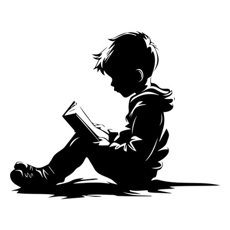 A detailed silhouette of a young boy engrossed in reading a book, capturing the essence of childhood curiosity and the joy of learning through literature.のイラスト素材